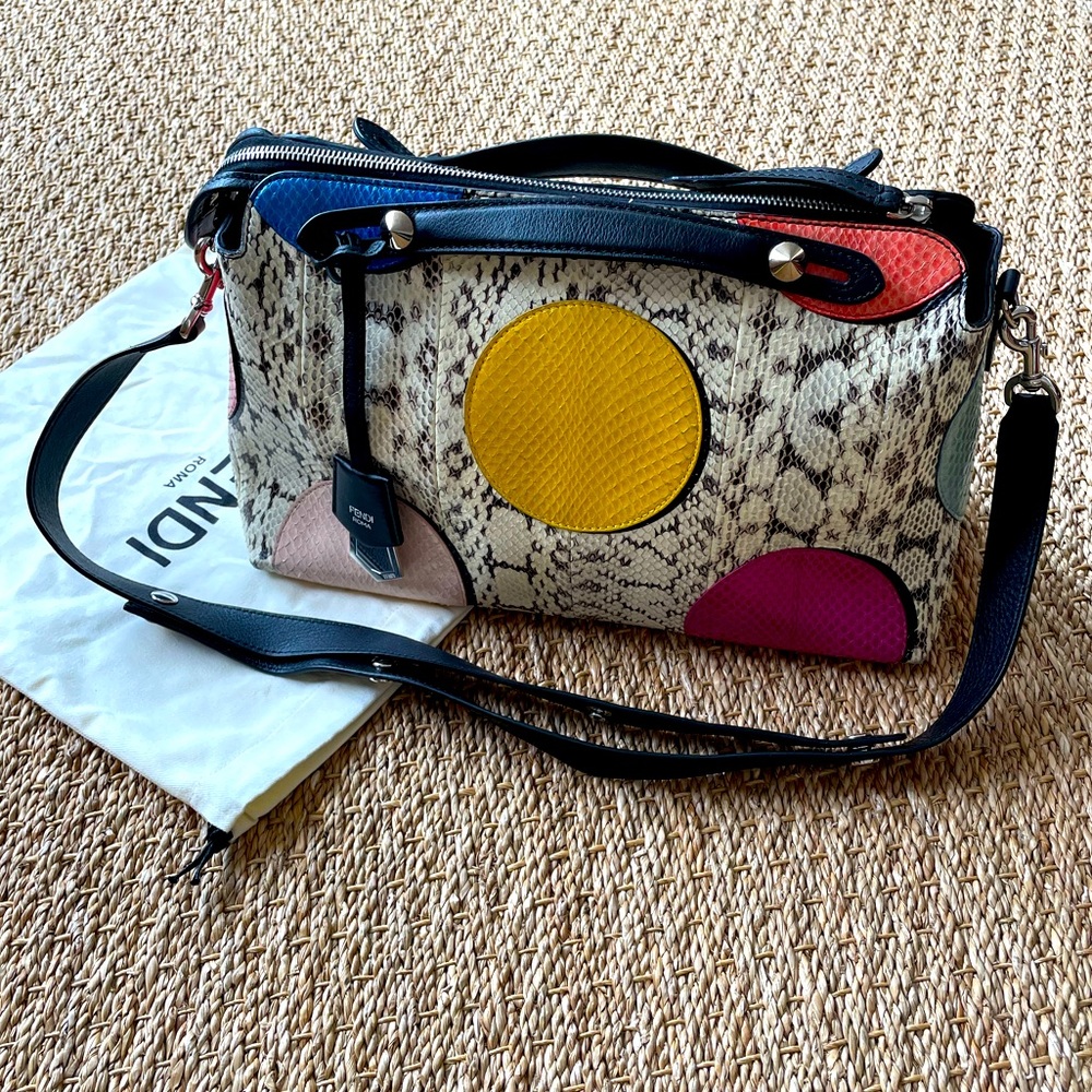 FENDI. By The Way Boston bag. Black leather and multi-color python-look elaphe.